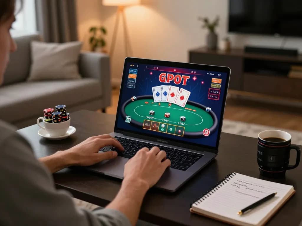 Player engages in online poker at home, experiencing 789F's strategic gaming environment
