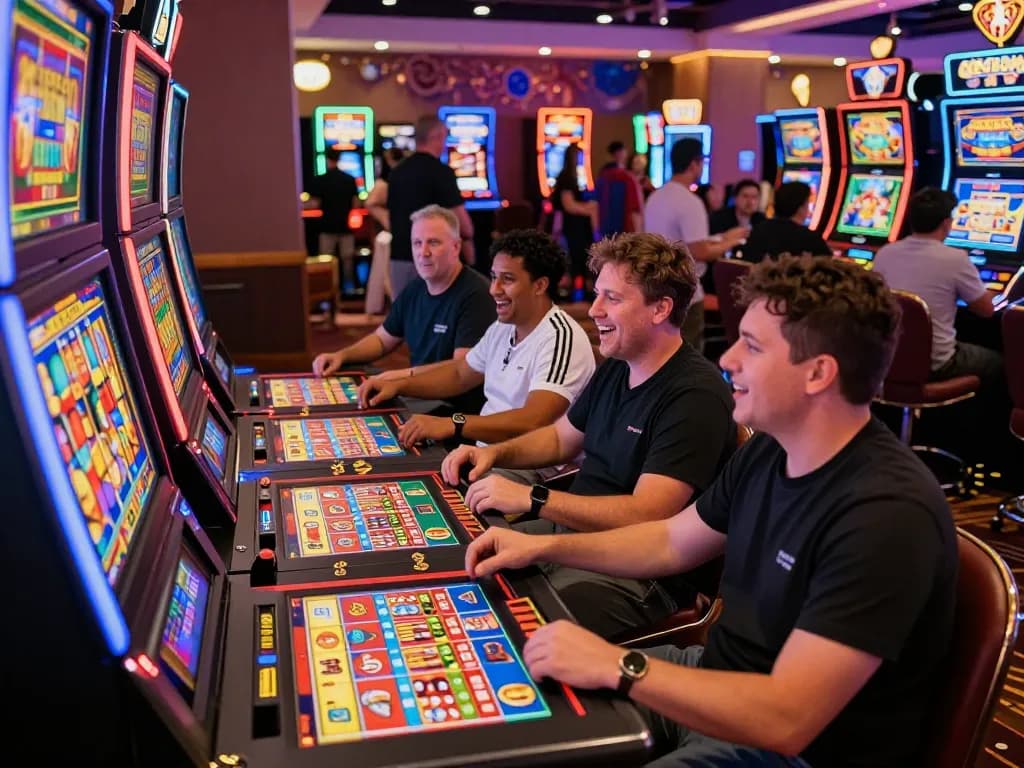 Players enjoying link gacor at vibrant slot machines in a lively casino.