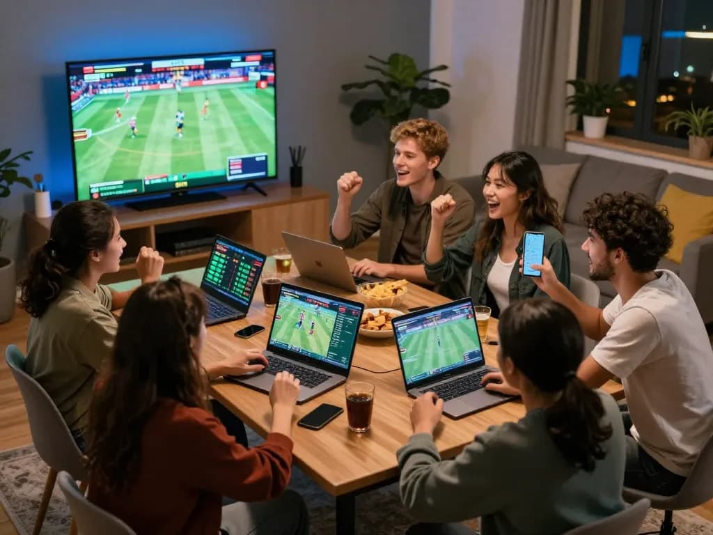 Friends enjoying sports betting online at home with snk88 on their devices