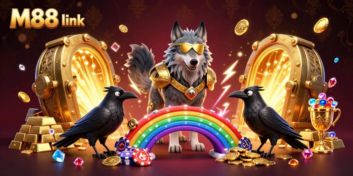 M88 link features a vibrant 3D casino scene with Odin and ravens, showcasing gold treasures and casino chips.