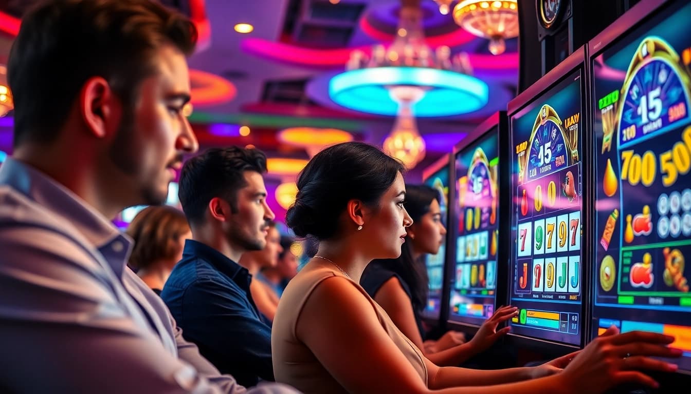 Spielen im Casino online: Spieler genießen virtuelle Slotmaschinen mit lebendigen Grafiken.