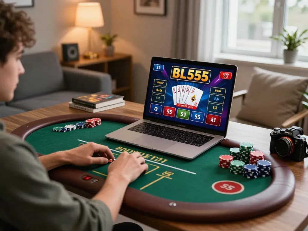 Player engaging in BL555 online casino gaming on laptop, showcasing vibrant poker interface and comfortable setup.