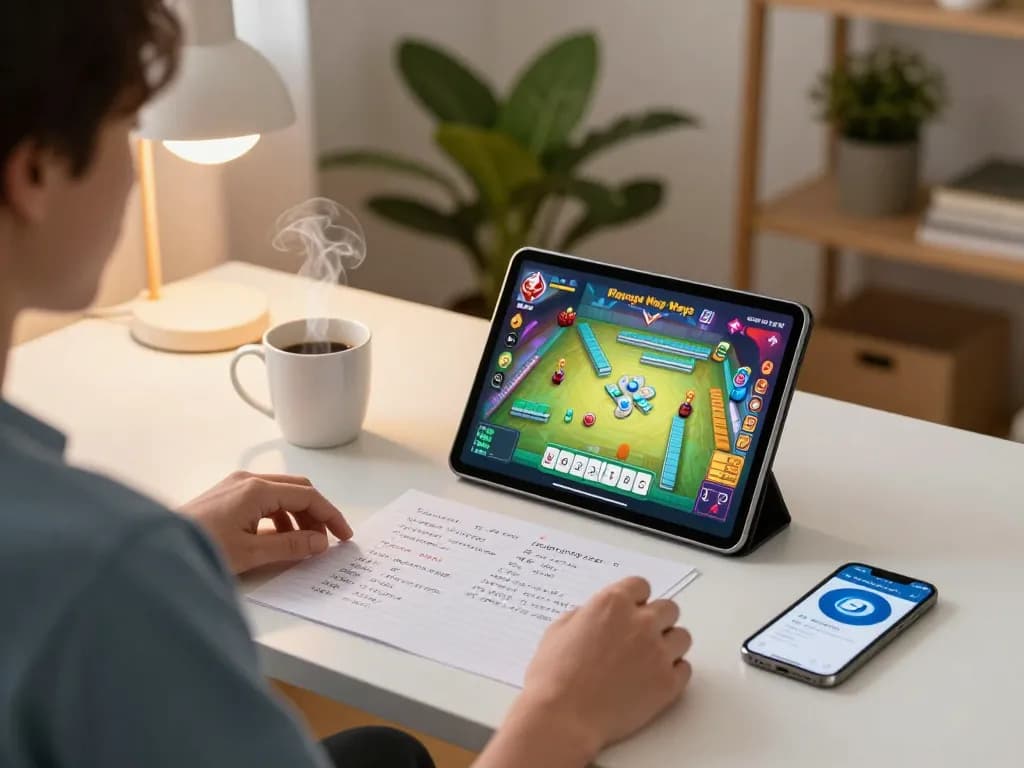 Engaging in Mahjong Ways gameplay on Tempo123 Gacor app at home, surrounded by gaming strategies.