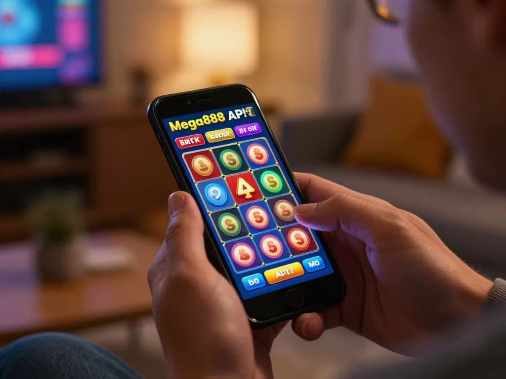 Mega888 APK user placing bets on a smartphone, showcasing casino-style gameplay in a cozy living room.