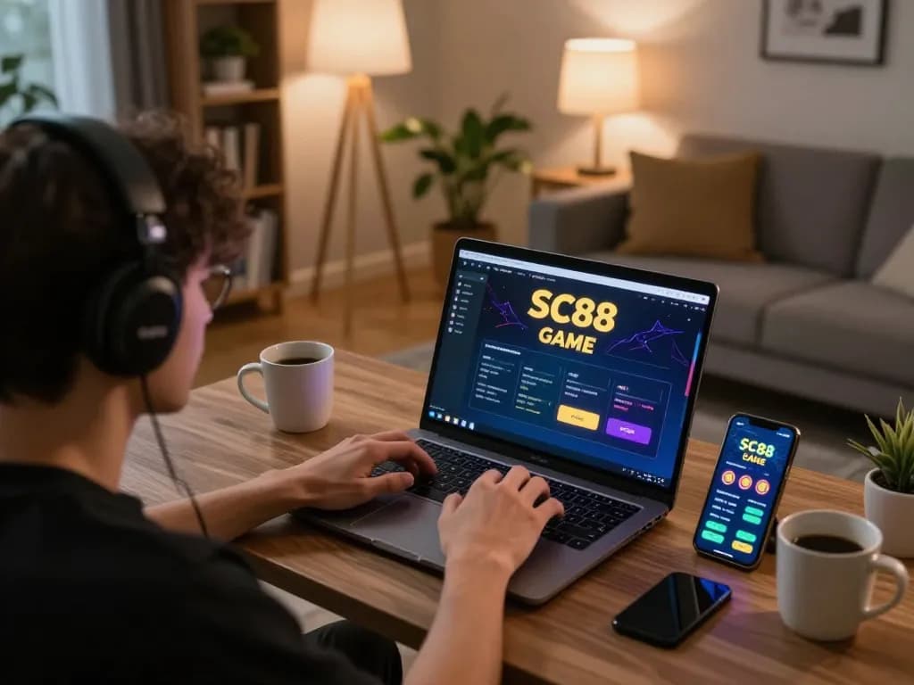 Gamer engaging with SC88 Game interface on laptop in a cozy home setting while strategizing