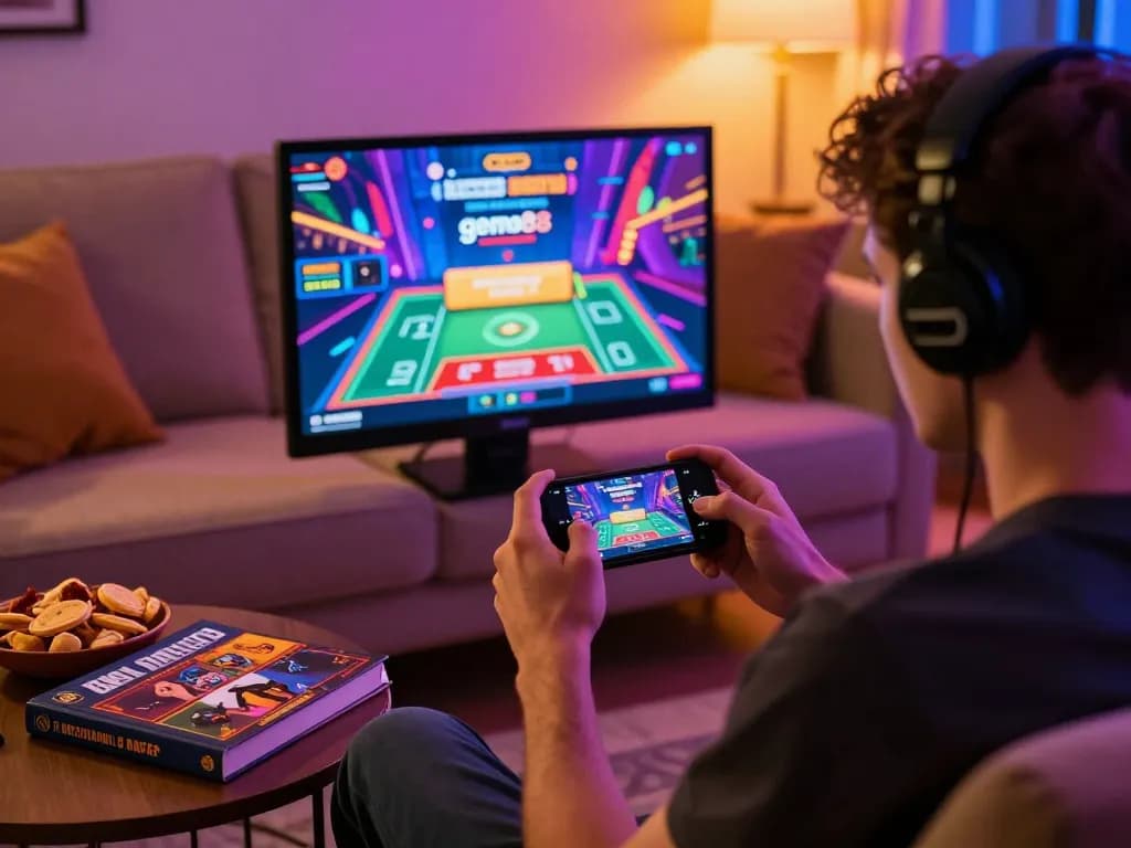Engaged player exploring gem88 link for live casino gaming on a smartphone during relaxing evening.