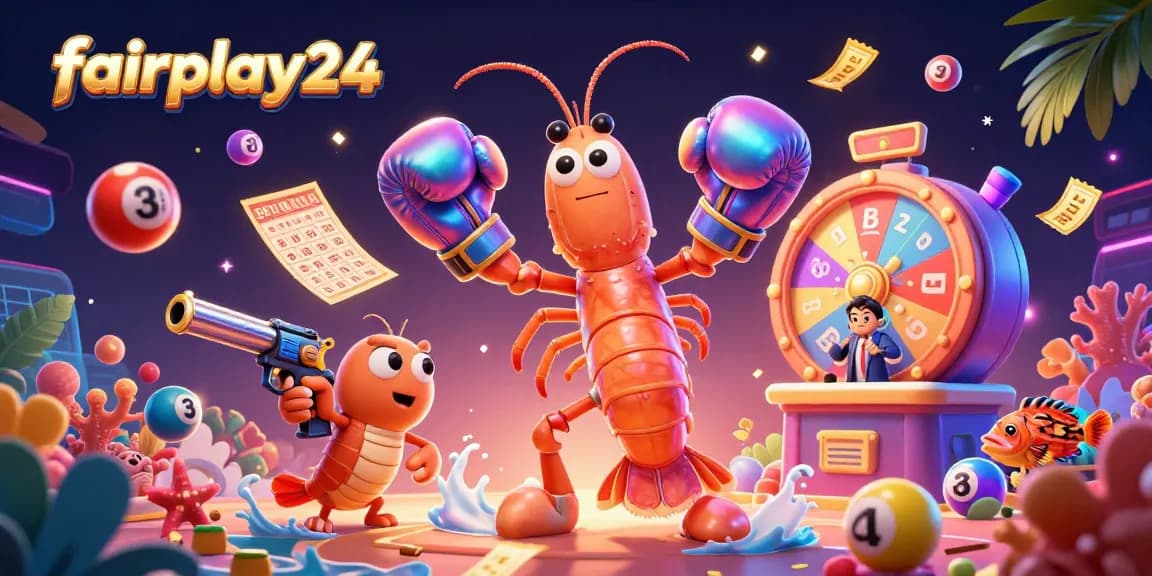 Bet on thrilling games with fairplay24, showcasing vibrant lottery elements, characters, and an exciting atmosphere.