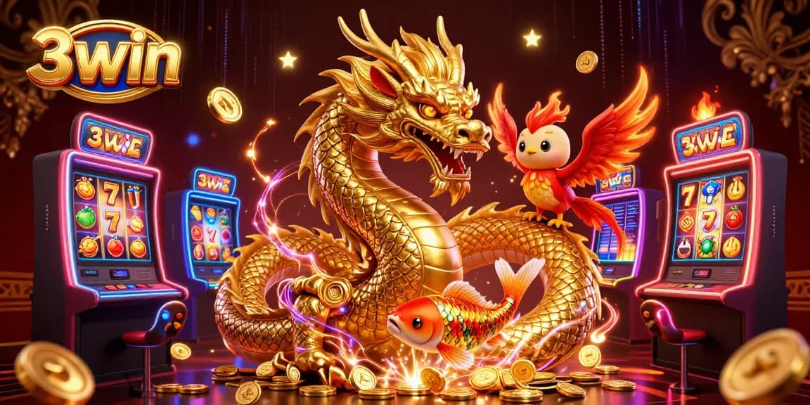 Engage with the thrilling 3win casino scene featuring mythical creatures amidst vibrant slot machines.