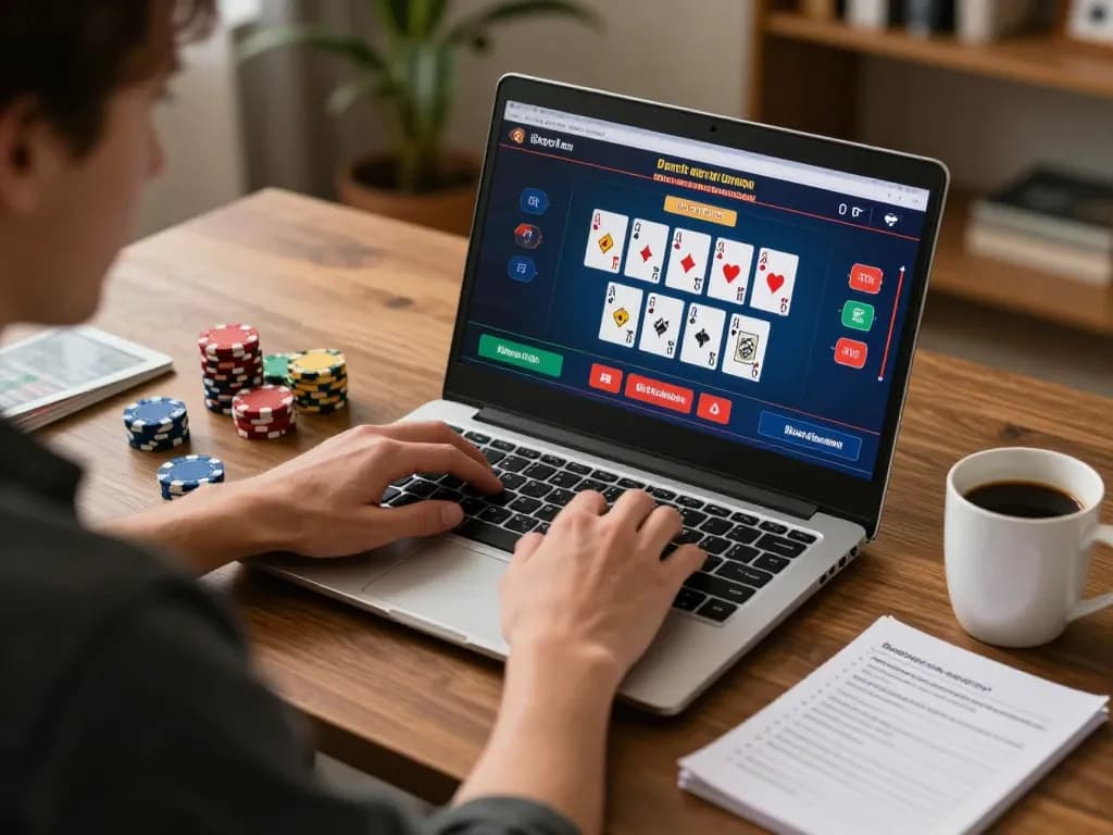Player engaged in online poker at home, maximizing strategy with https://gemwin.pics, showcasing a cozy and responsible gaming environment.