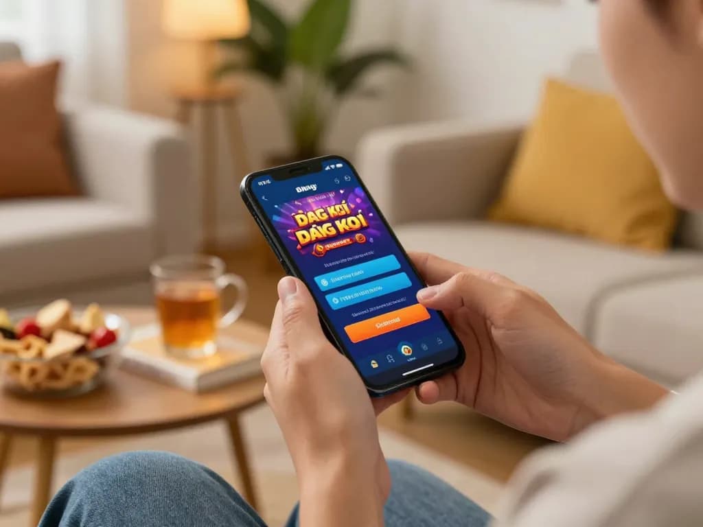 Registering for mobile gambling app featured prominently with user interacting during đăng ký process in cozy home
