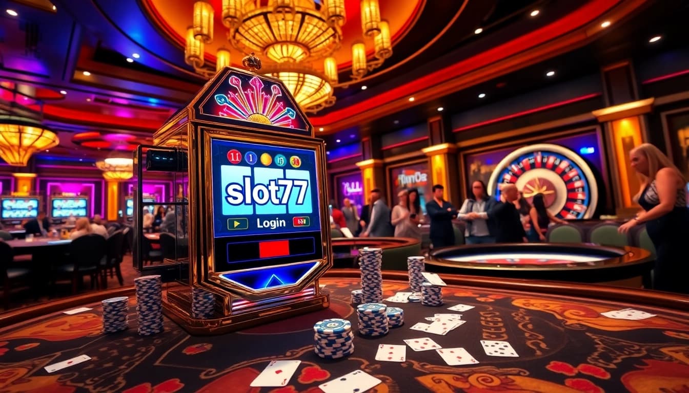 Engage with the vibrant excitement of slot777 login on a luxurious casino floor filled with slot machines and gaming tables.