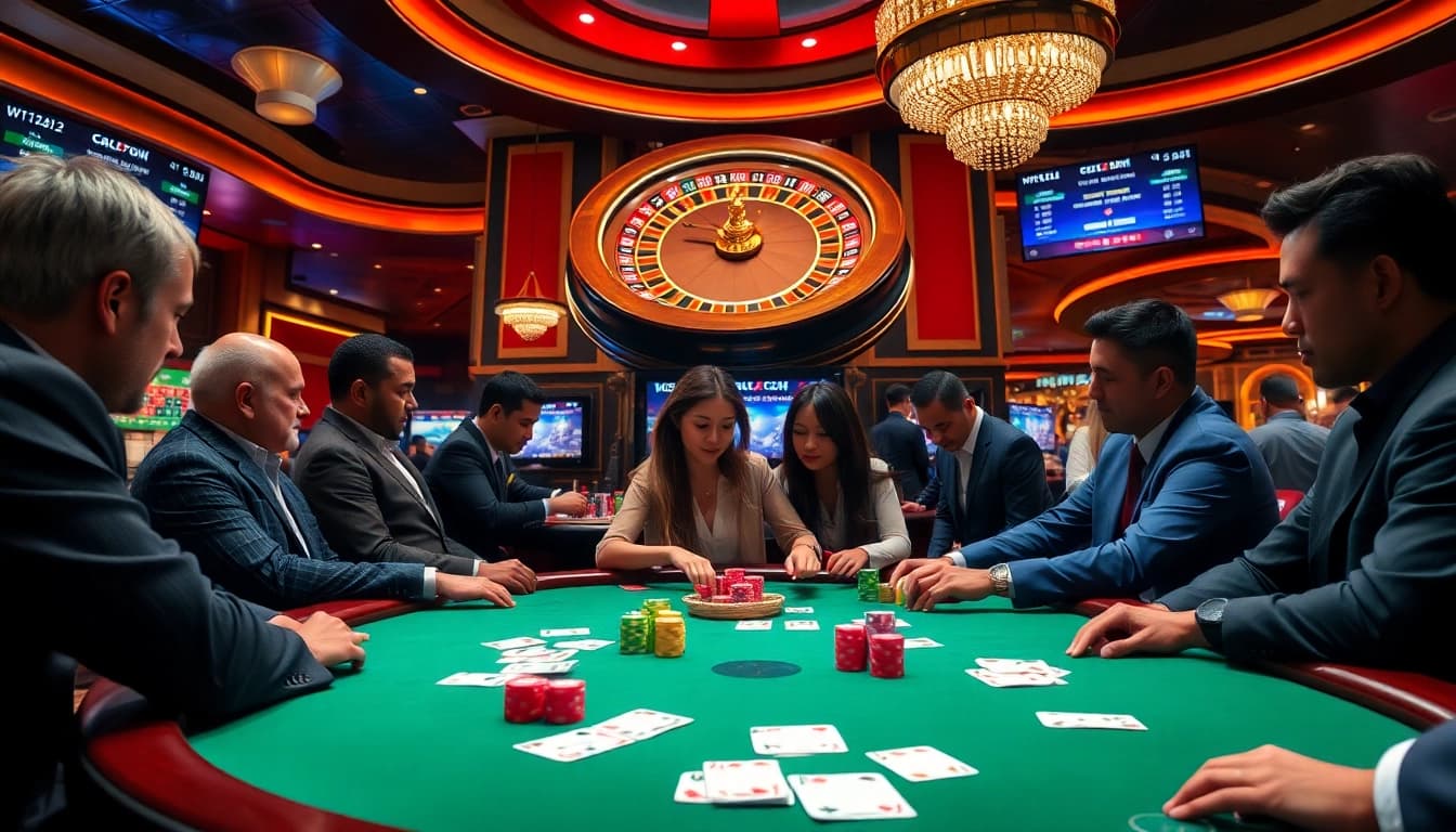 Players engaging in poker at a vibrant table with colorful chips capturing the thrill of 79king0.