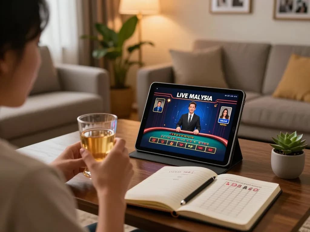 Engaging in live casino Malaysia while enjoying a cozy evening at home, highlighting online gaming