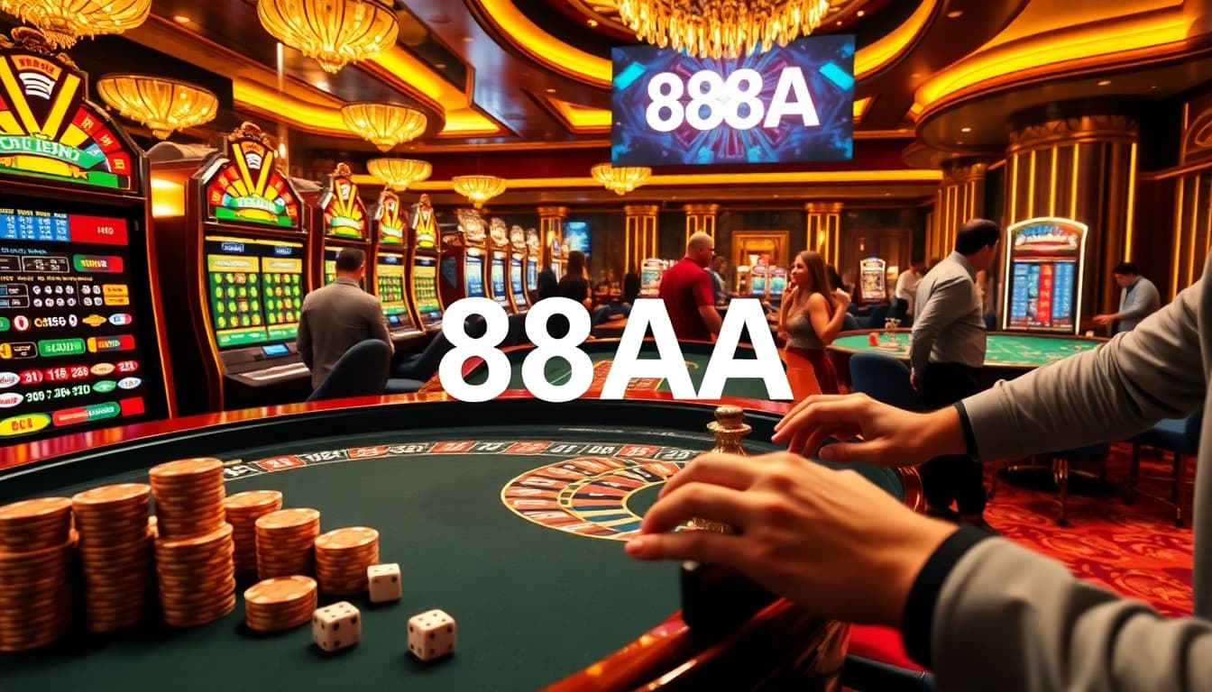88AA players enjoying an exciting casino experience with vibrant slot machines and roulette tables.