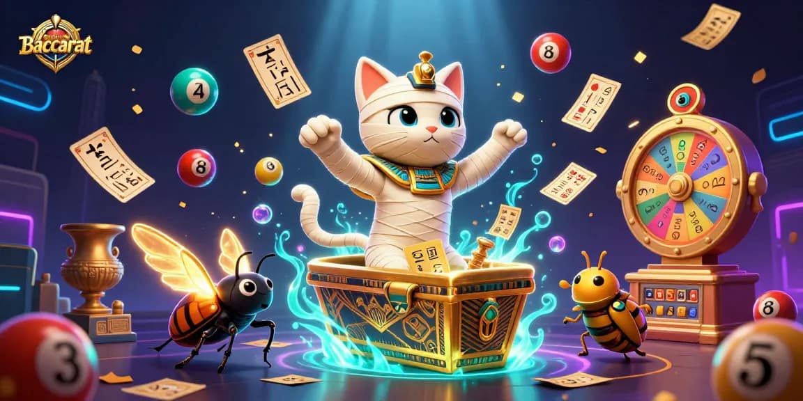 Baccarat scene featuring a cartoon mummy cat and scarab beetle amidst colorful gaming elements.