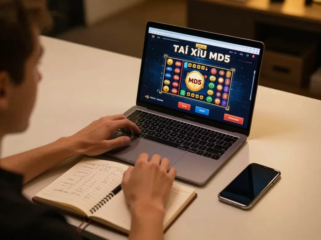 Tài Xỉu MD5 game interface displayed on laptop in a cozy gaming setup with betting strategies.
