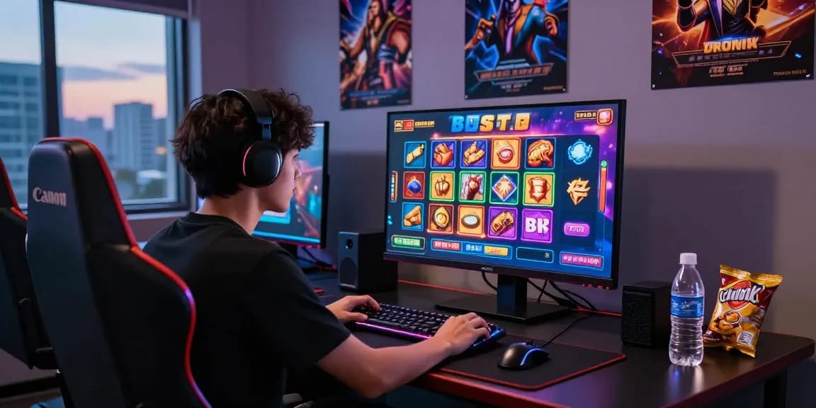 Player engaging with vibrant bonus buy slots gameplay at a modern desk, showcasing an immersive online gaming experience.