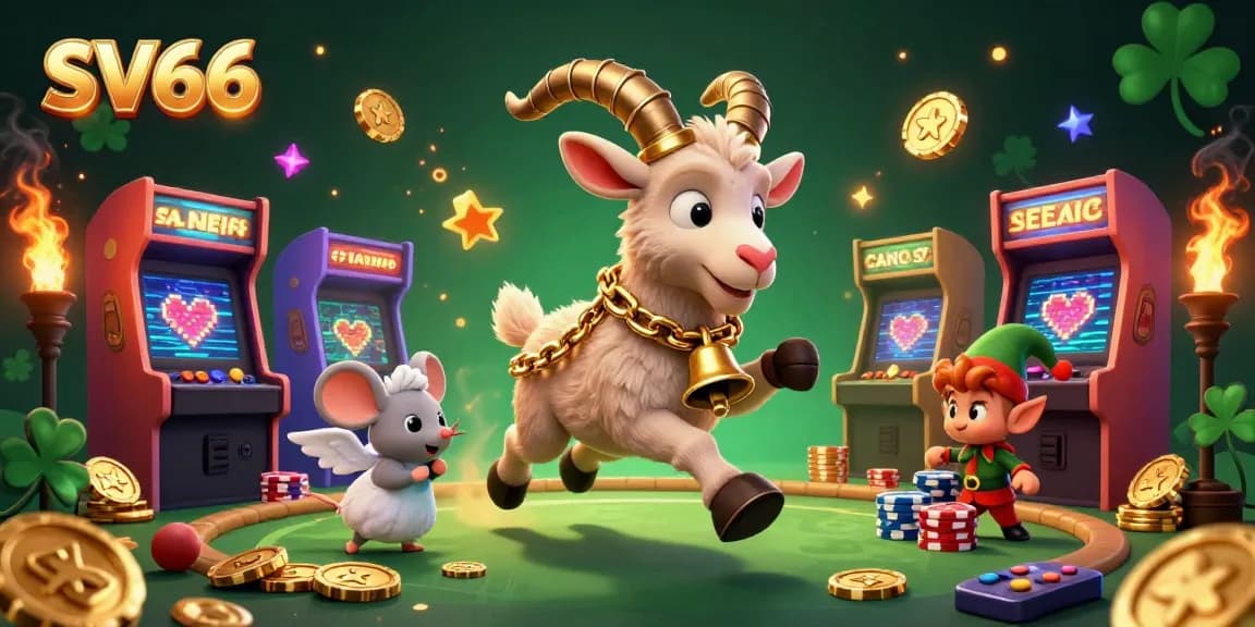 Experience SV66 with a festive casino scene featuring a Krampus goat, angel mouse, and elf gremlins.
