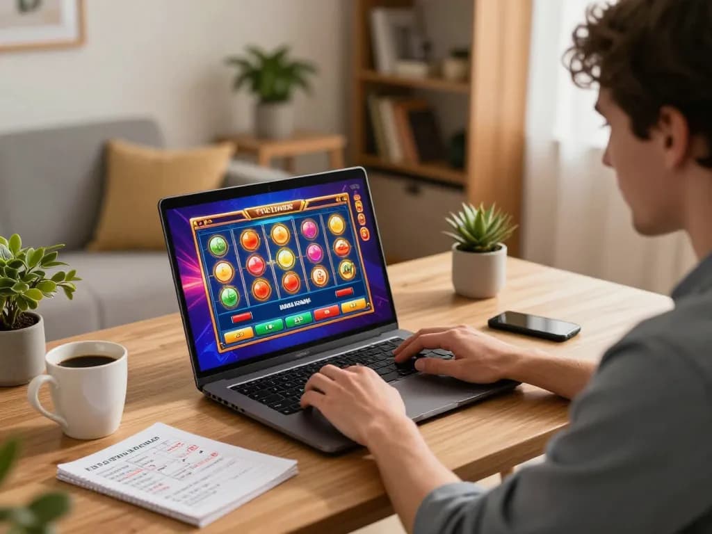 uu88 player strategizing with laptop for online slots at home.