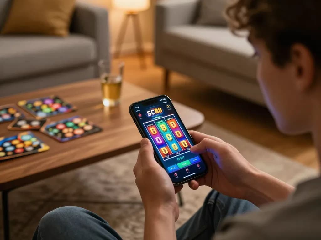 Player enjoying the SC88 app on a smartphone, engaging in online gambling in a cozy setting.