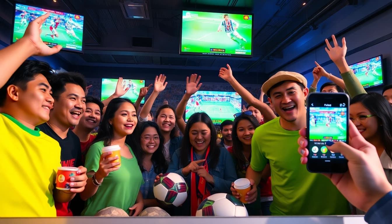Engaging football fans celebrating live matches on LuongSonTV with digital screens and mobile devices.