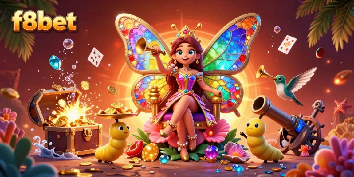 Experience excitement with f8bet's vibrant casino scene featuring a butterfly queen and lively game elements.