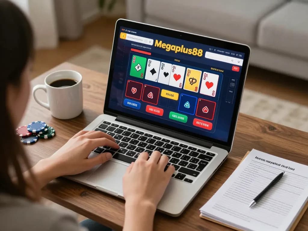 Engage in winning strategies on megaplus88 with vibrant online casino interface displayed on laptop.