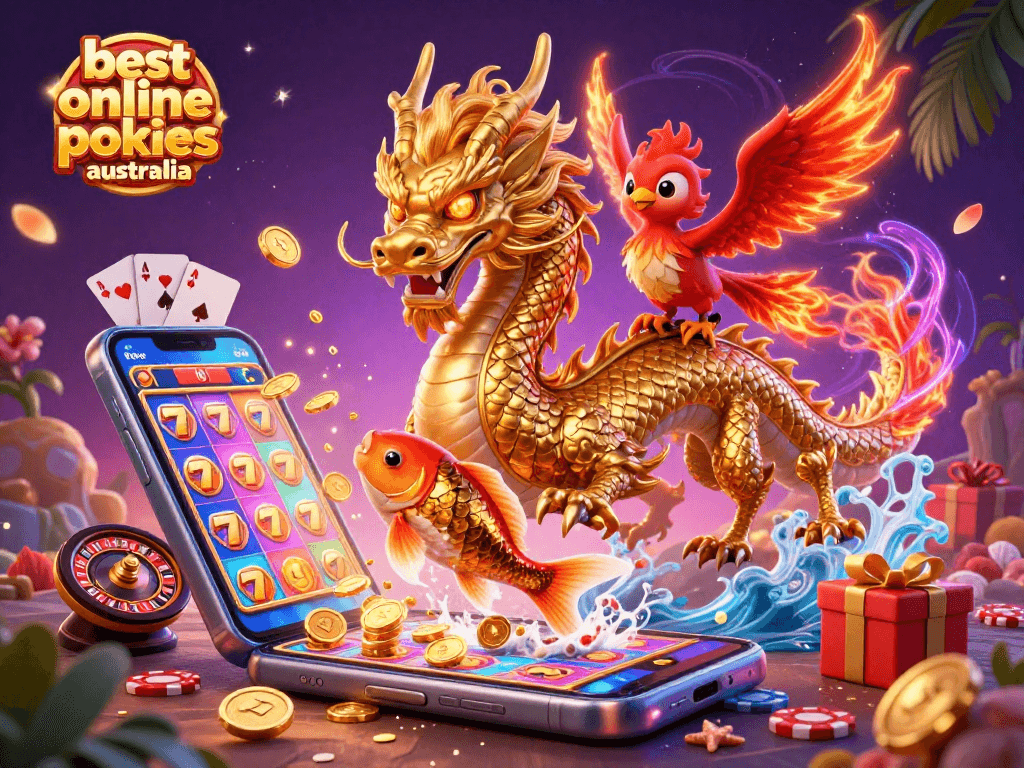Experience the thrill of the best online pokies Australia in a vivid 3D casino scene with dragons and gold coins.