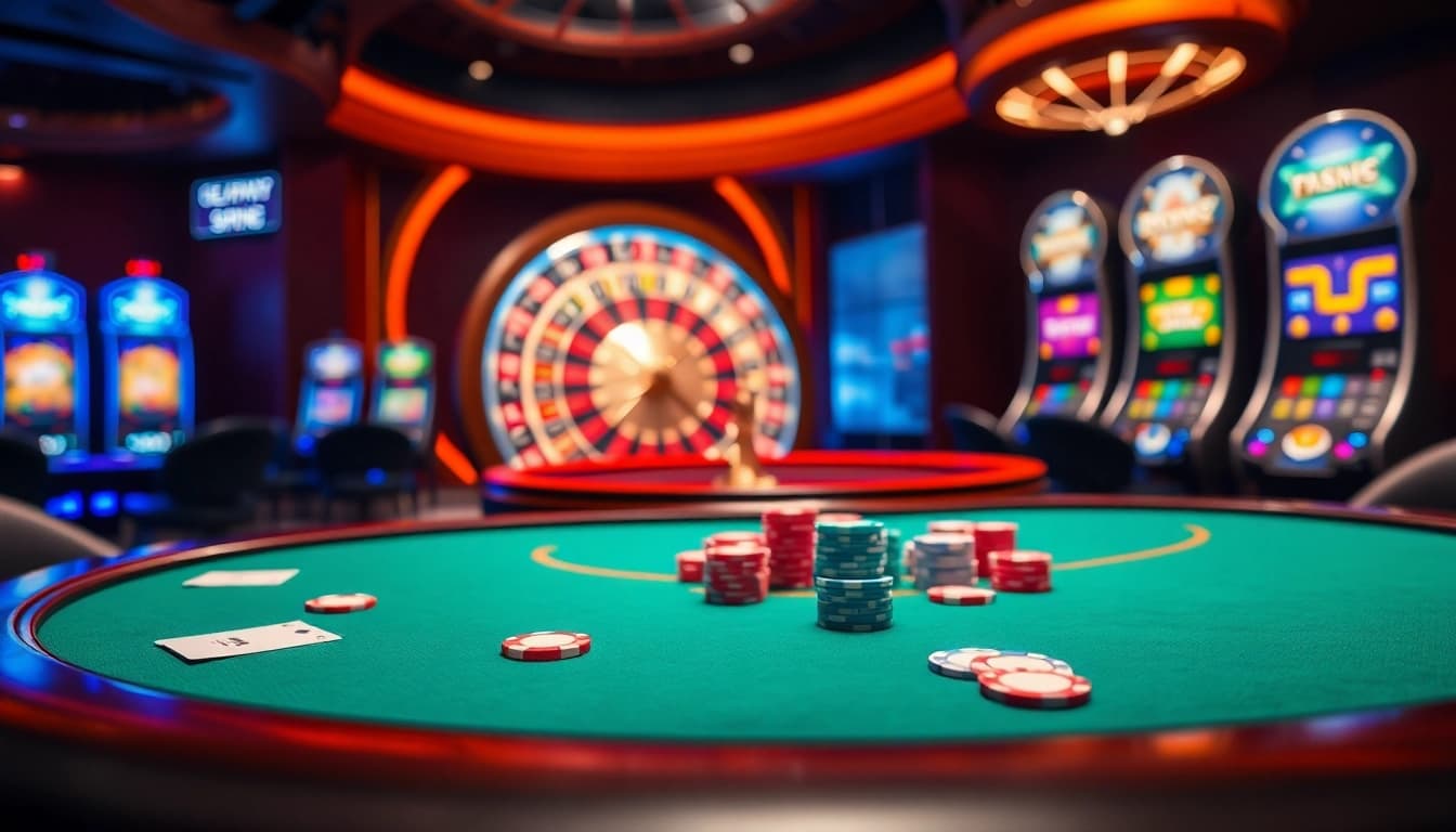 Play your favorite games at http://2haywin.pro/ in this exciting casino scene full of vibrant poker chips and cards.
