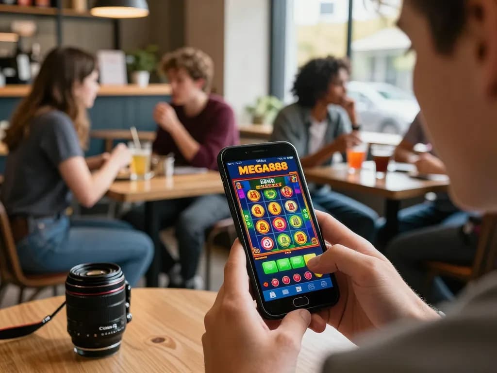 Engaging experience playing Mega888 Brand on mobile app in lively café setting, showcasing vibrant gameplay.