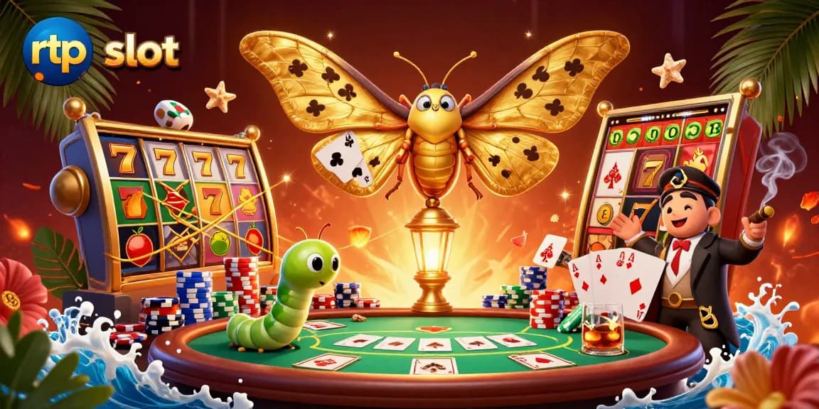 Engage with rtp slot gaming in a vivid scene featuring an atlas moth and casino elements.