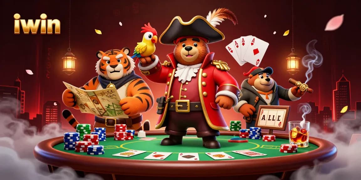 Experience iwin's thrilling casino action with a vibrant scene featuring a pirate bear and friends.