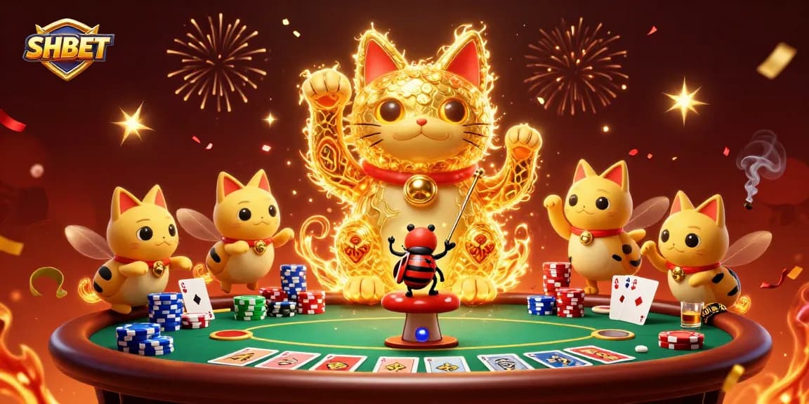 Experience exciting gambling with SHBET through a vibrant 3D illustration of a lucky cat and casino elements.
