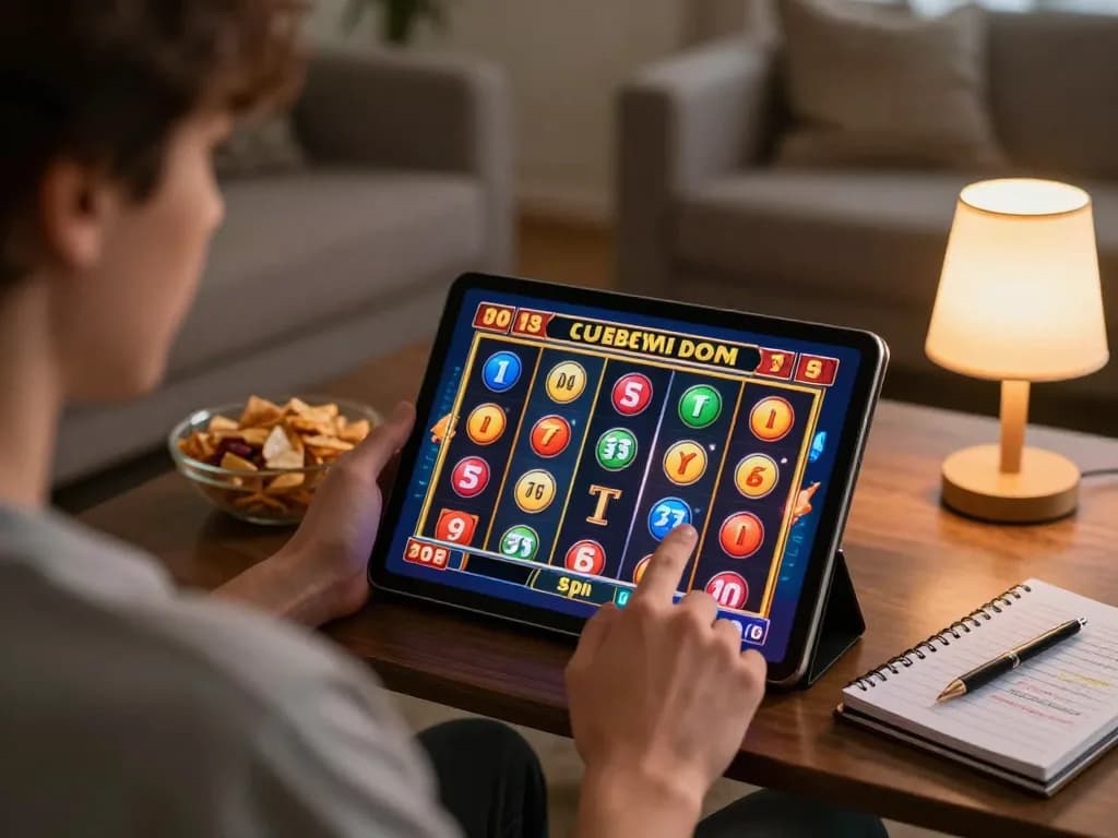 Engaging scene of a player preparing for a spin in a slot online game on a tablet in a cozy living room.