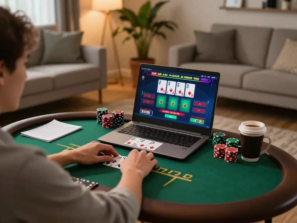 Playing poker online at home with 789 gaming setup, showcasing strategy and comfort.