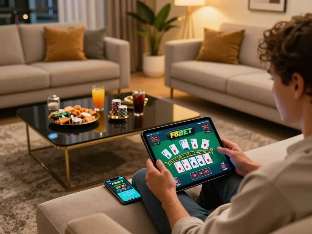 Engaging gaming scene with a player enjoying F8BET live dealer games on a tablet.