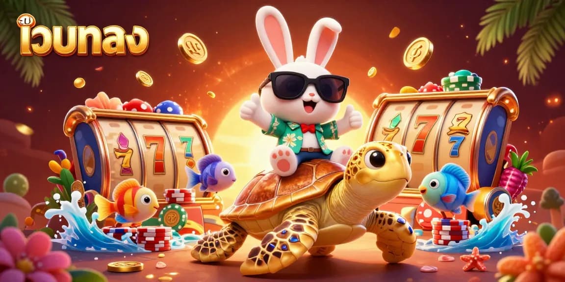 ชนะรางวัลใหญ่จากเกม เว็บตรง สล็อต โดยมีกระต่ายนำโชคขี่เต่าทองในฉากคาสิโนที่มีชีวิตชีวา