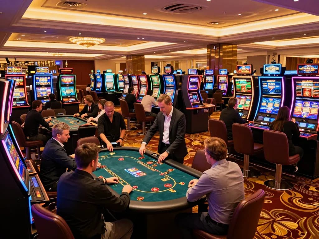 Players enjoying vibrant slot machines and poker tables during their gaming experience at 258bet casino.