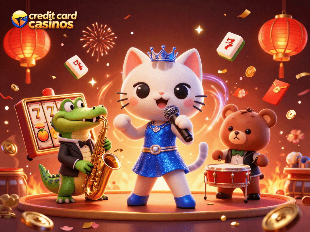 Experience the excitement of credit card casinos with jazz characters and festive casino elements.