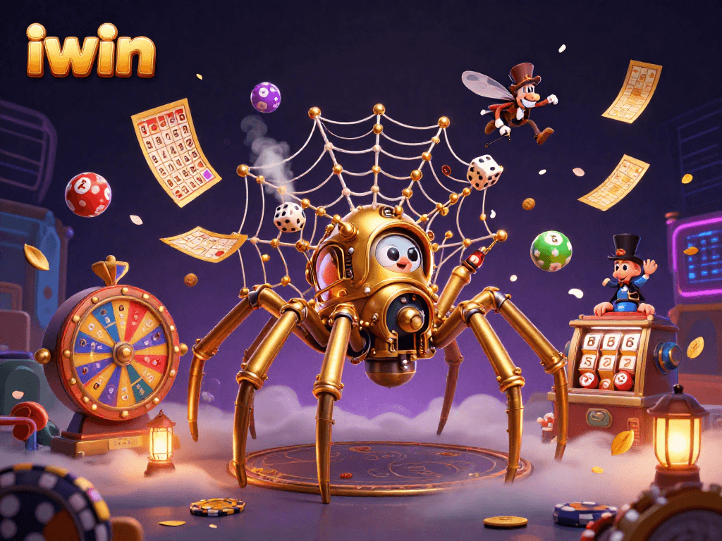 Engaging iwin-themed 3D illustration highlighting a golden spider and lottery elements
