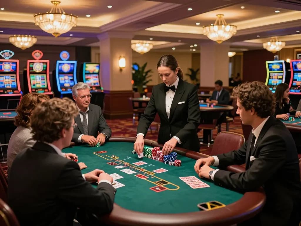 MM88 blackjack table action with players engaged in strategic gameplay at an upscale casino.