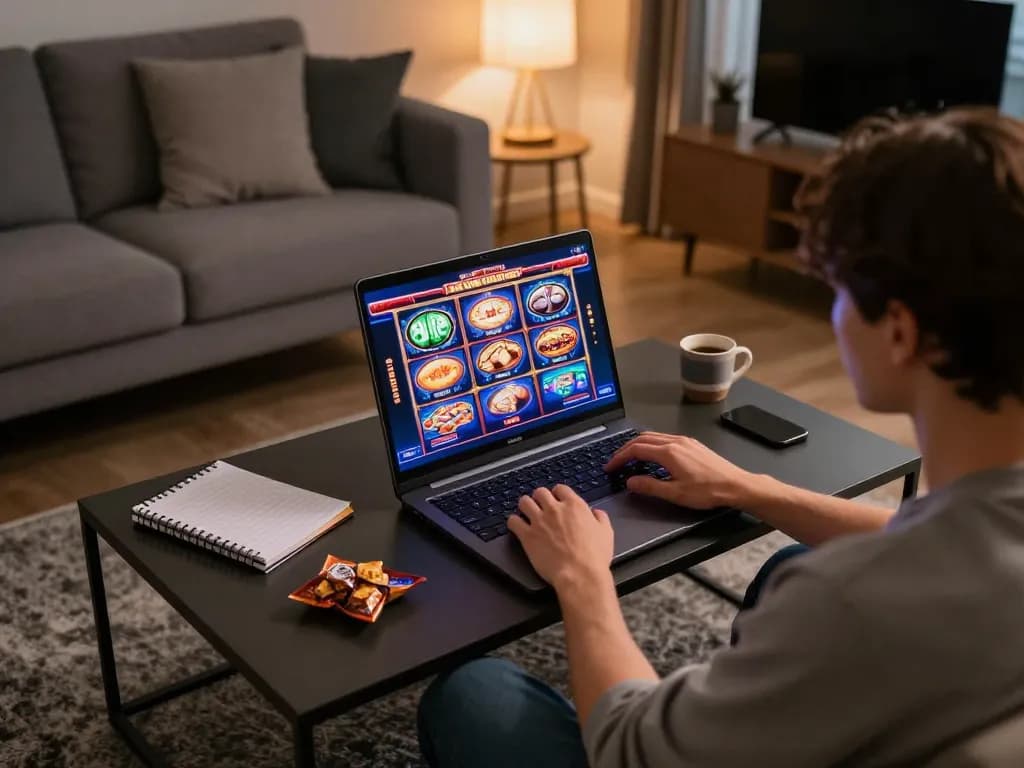Memainkan slot online aman788 di laptop dalam suasana ruang tamu yang nyaman dengan grafik yang berwarna-warni.