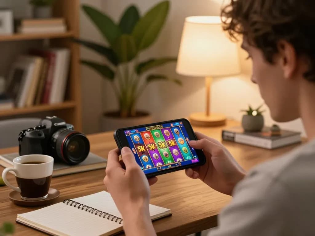 Player enjoying a thrilling online slot 5k game on smartphone, reflecting responsible gaming in a cozy home setup.