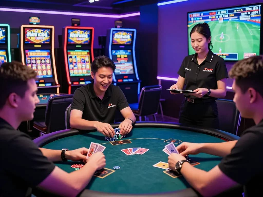 Players enjoying games at Nhà Cái Kuwin casino, vibrant atmosphere with poker and slot machines.