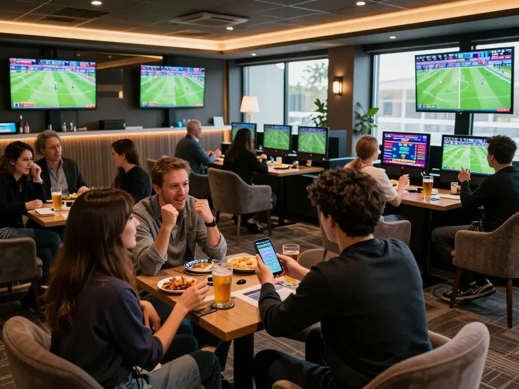 Engaging sports betting atmosphere with excited person placing bets on mobile app in official smartcityhostels lounge