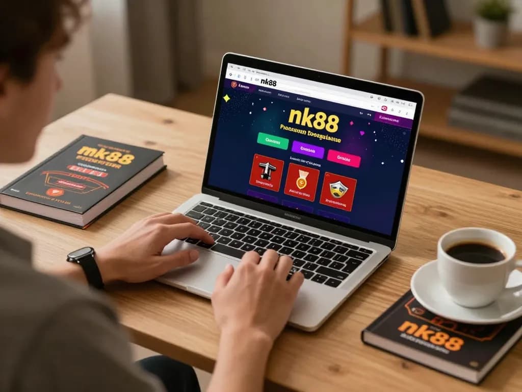 Nk88 user placing bets at home on a laptop, showcasing an immersive online gaming experience.