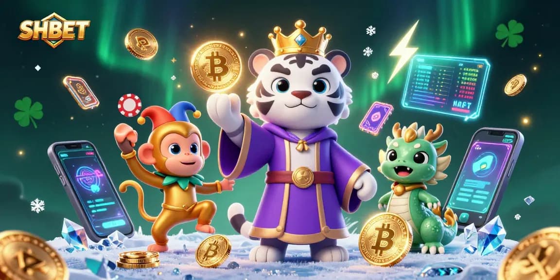 Engage with SHBET at this vibrant casino scene featuring animated characters and dynamic gaming elements.