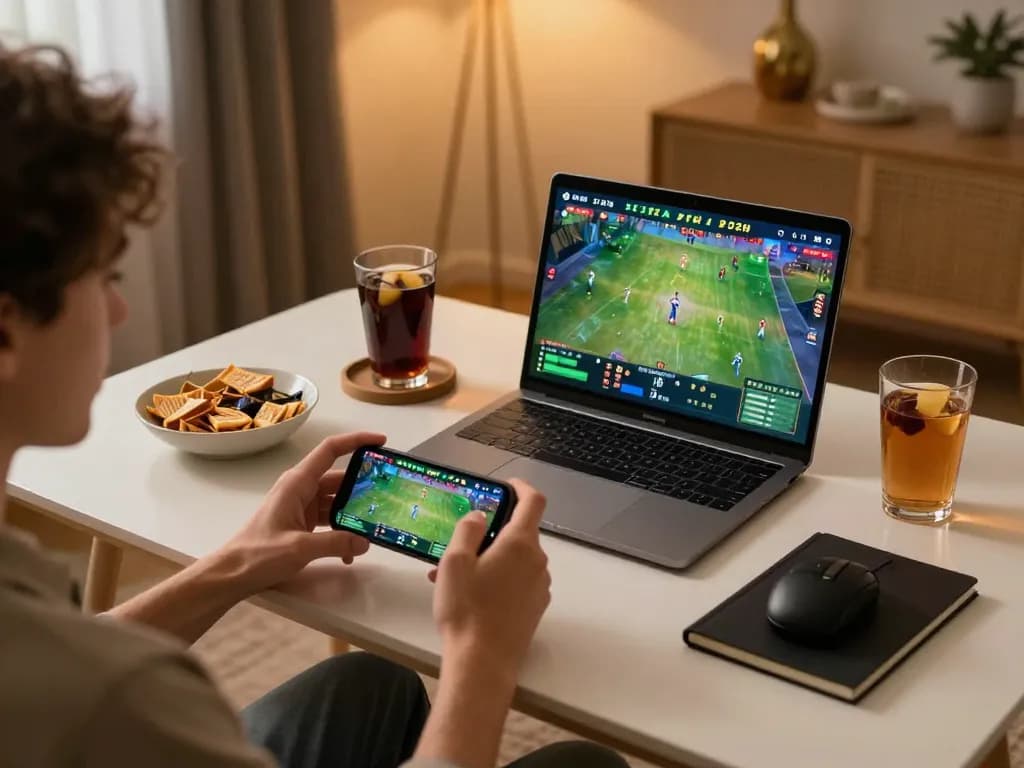 Player engaging with sports betting on mobile and laptop, showcasing nhà cái uy tín tr88's user-friendly platform