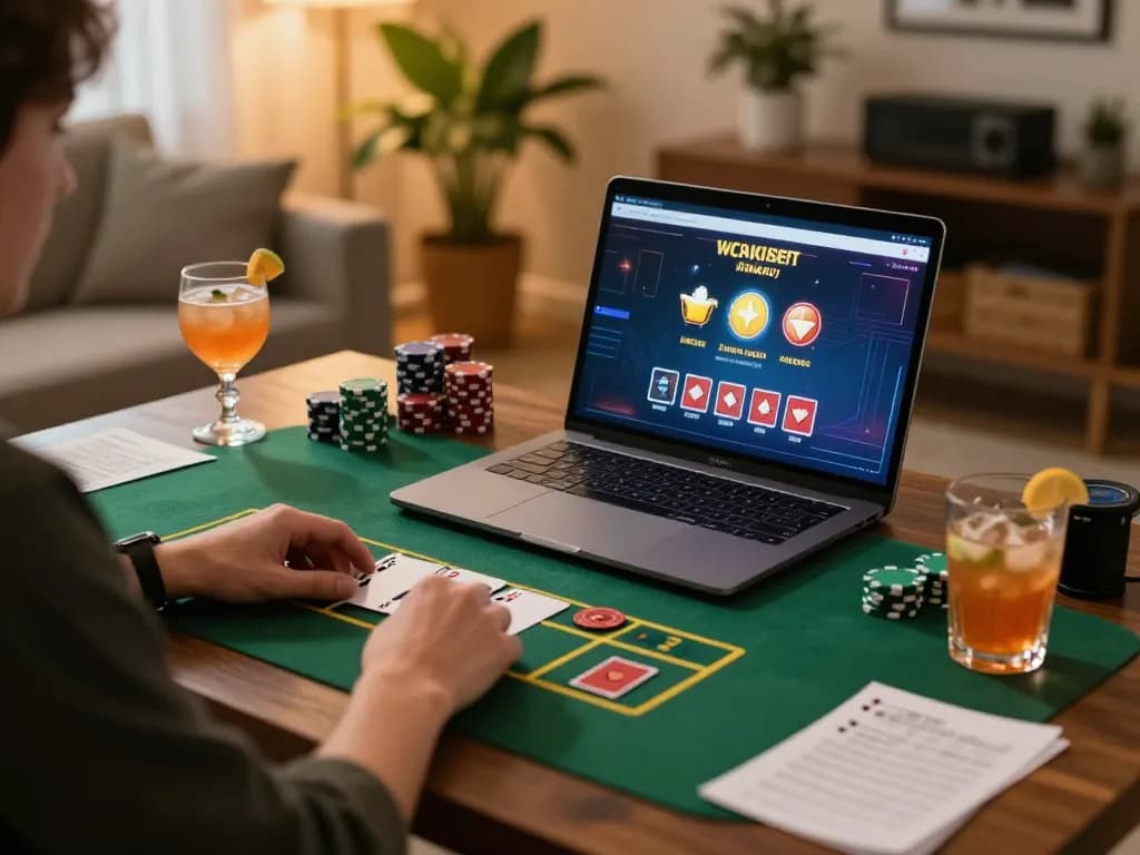 cm88 player enjoying a lively online blackjack game at home, vibrant setup promoting responsible gambling