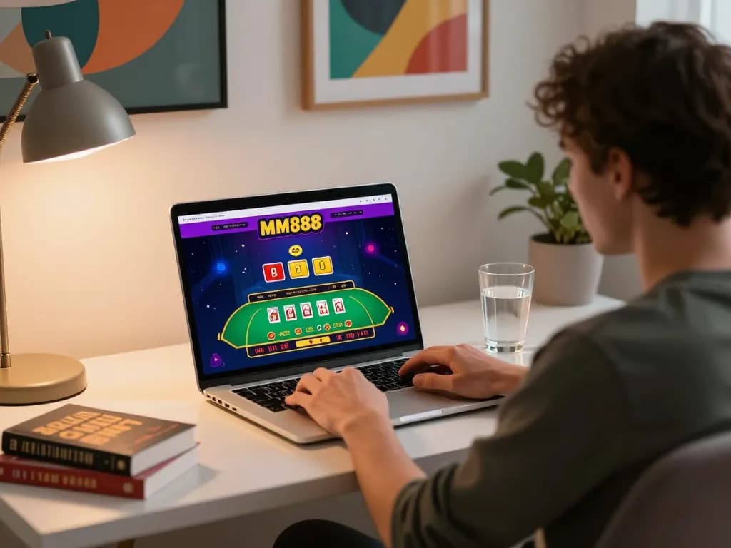 Engaged player exploring mm888 casino interface at a stylish home office setup, focusing on strategic gameplay.